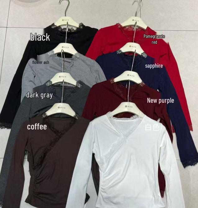 Women s 2025 Slim Fit Lace V-neck Long Sleeve Top - Pure Desire Collection Coffee