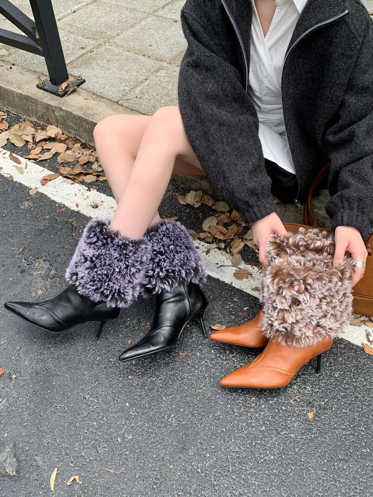 2025 autumn and winter new European and American fluffy high-heeled short boots pointed thin-heeled high-heeled women's boots