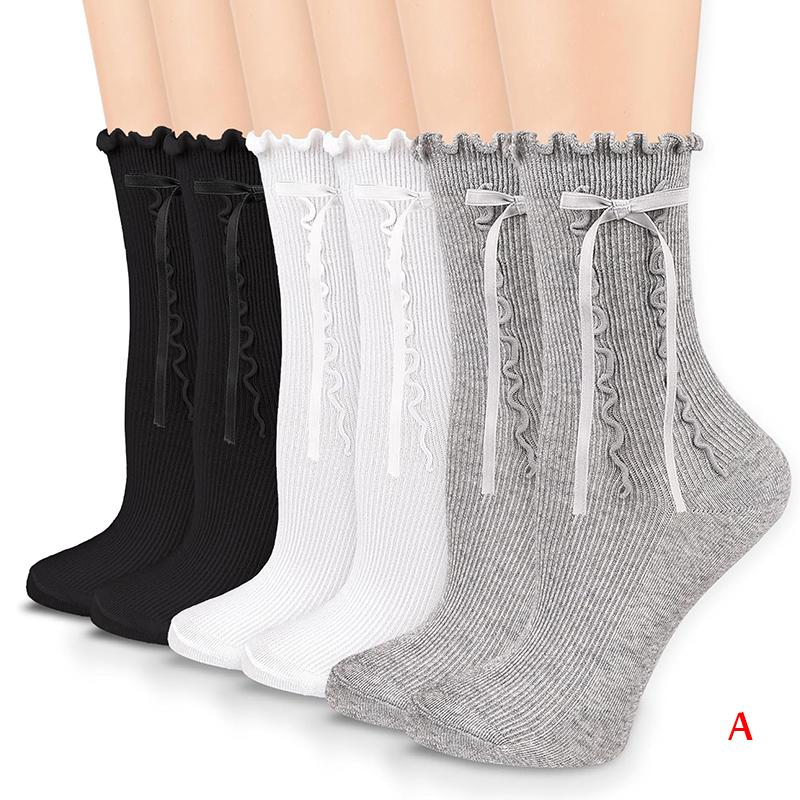 Womens Crew Ruffle Socks Cute Frilly Casual Socks Ribbon Bow Knit Cotton Lettuce Adorable Socks 3 Pack