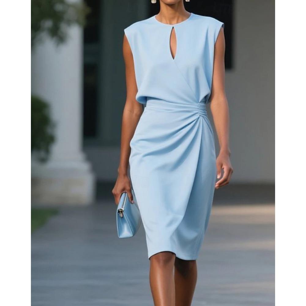 Dames mouwloze ronde hals keyhole ruches taille bodycon midi jurk voor kantoor