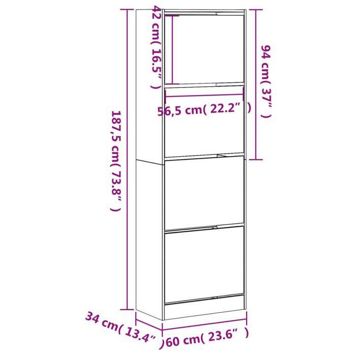 VidaXL Shoe Cabinet 4 Drop-Down Drawers Black 60x34x187.5 Cm 3214372