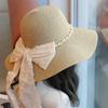 Sweet Bow Ribbon Pearl Chain Big Eaves Straw Hat Women's Beach Seaside Vacation Sunscreen Sun Hat Summer