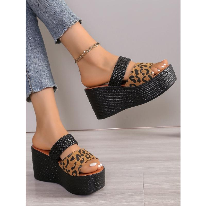 Leopard Print Open-Toe Platform Slippers for Women, Plus Size Thick-Soled Slippers