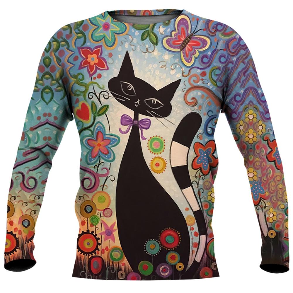 Cute Cat Print Imitation Cotton Long Sleeve Men's T-shirts Spring O-Neck Casual Loose Tee Streetwear Unisex Clothing EU Size 5XL
