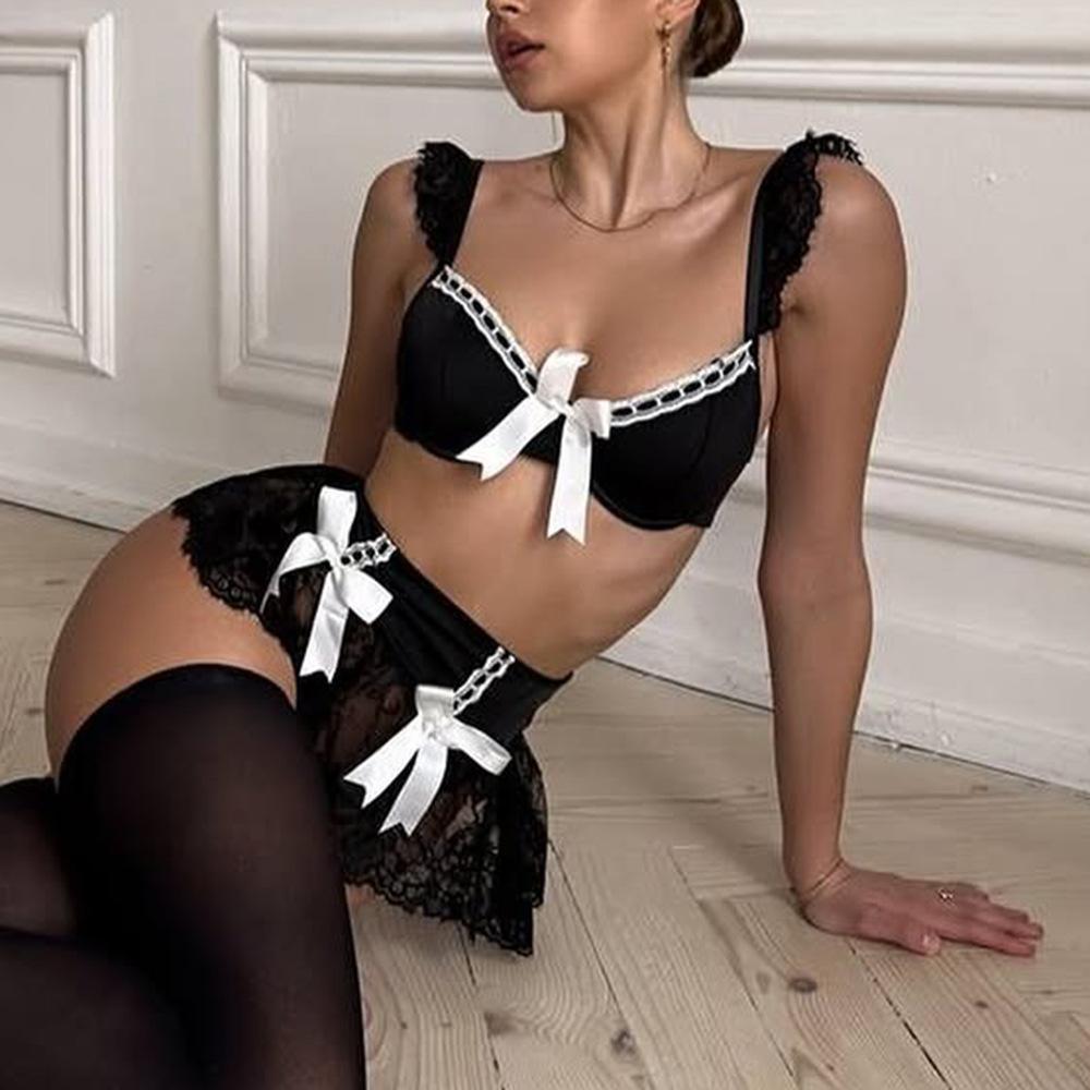 Romantic Ladies Bow Bra Sheer Lace Mini Skirt Teen Sissy Bra Set Black Fancy Lingerie Ultra Breves Sets Sexy Adult
