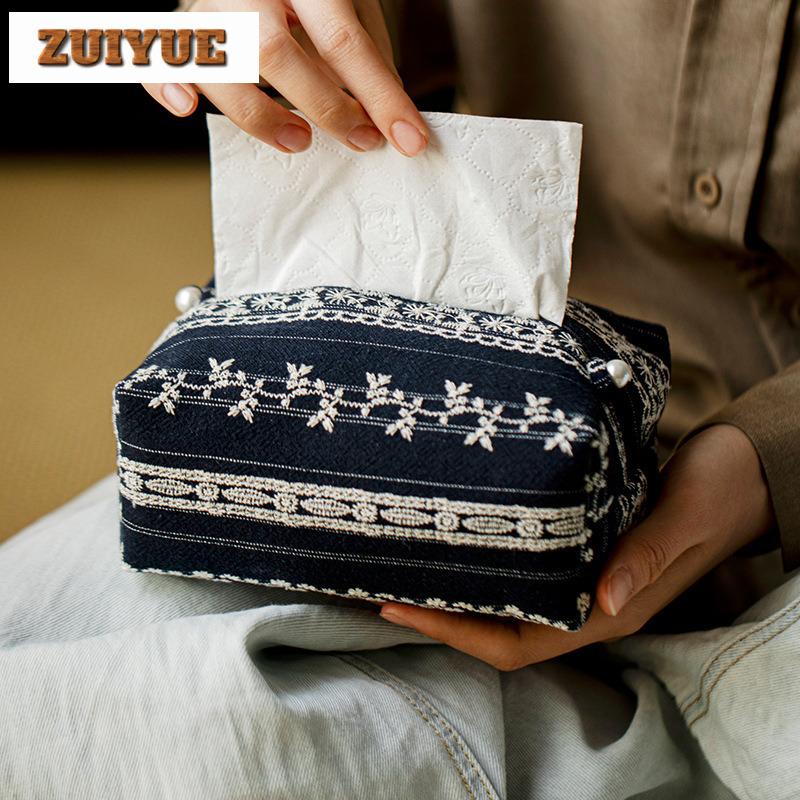 Handmade Indigo Jacquard Cloth Tissue Box Elegant Tissue Rangement Wet Wipes Case Reusable Paper Drawer Hotel Napkin Storage