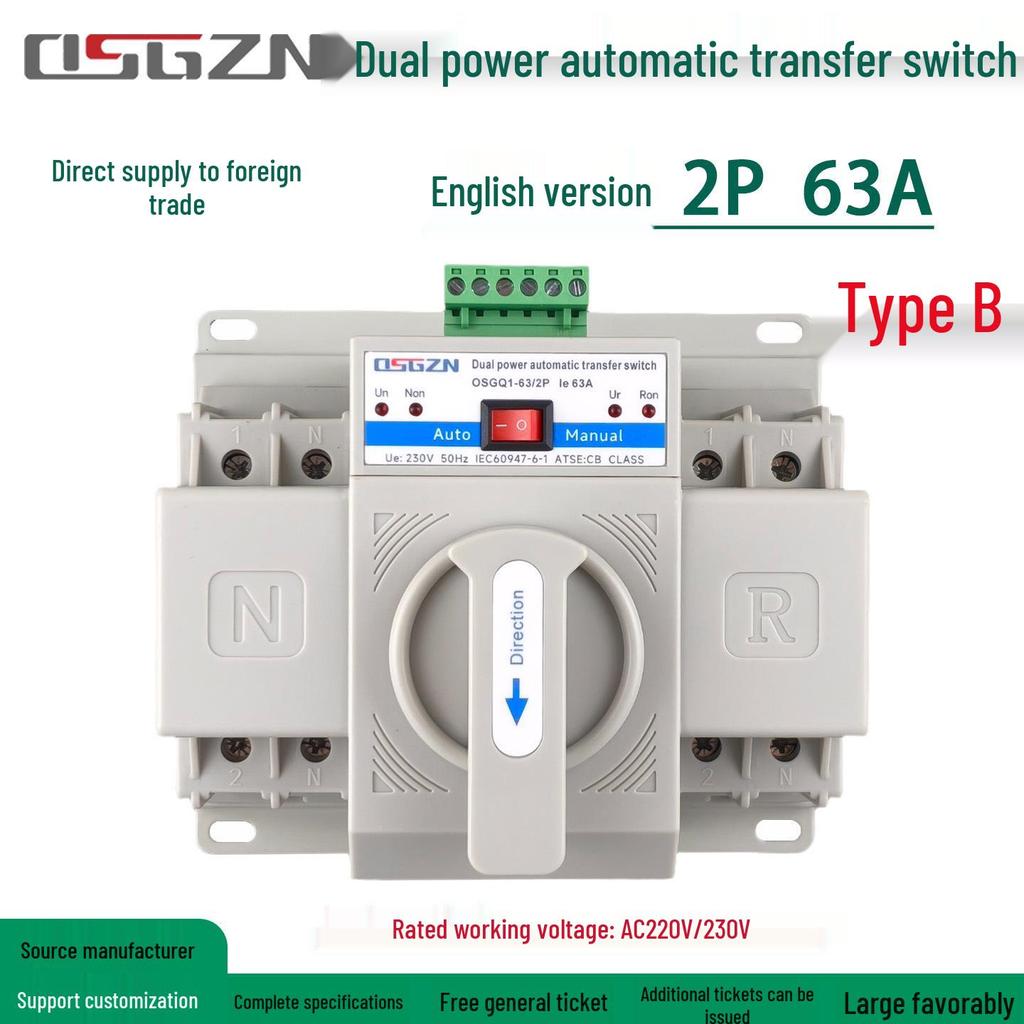 Dual Power Transfer Switch, 63A 2P, Automatic Switching for Household Backup