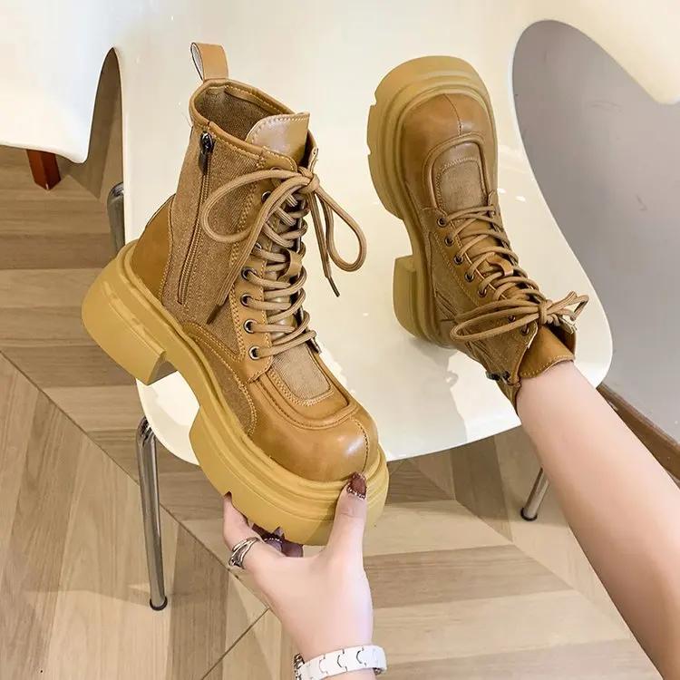 Fashion 2024 New Internet Famous Lace Up Fashion Boots for Women Round Toe Side Zipper Thick Soled Casual Knight Boots Plus Size 40