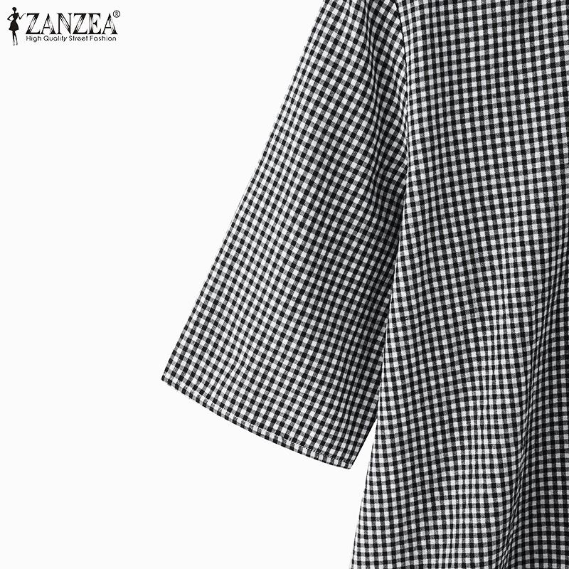 ZANZEA Women Casual Round Neck Plaid Print Loose Half Sleeve Blouse