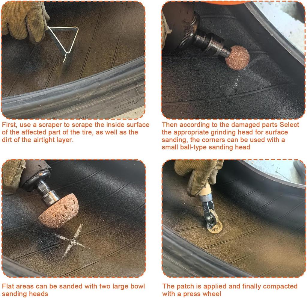 Tire Patch Repair Kit with Tungsten Carbide Buffing Wheels 25mm-55mm, Rolling Scraper Cutter for Car Tire Grinding & Polishing