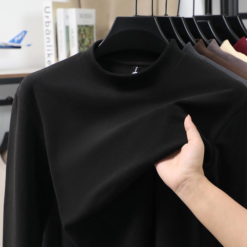 Men's Slim Fit Double-Sided Plush Base Layer Shirt, Solid Color, Half-High Collar, Long Sleeve, Thickened Warm Inner Wear for Autumn & Winter