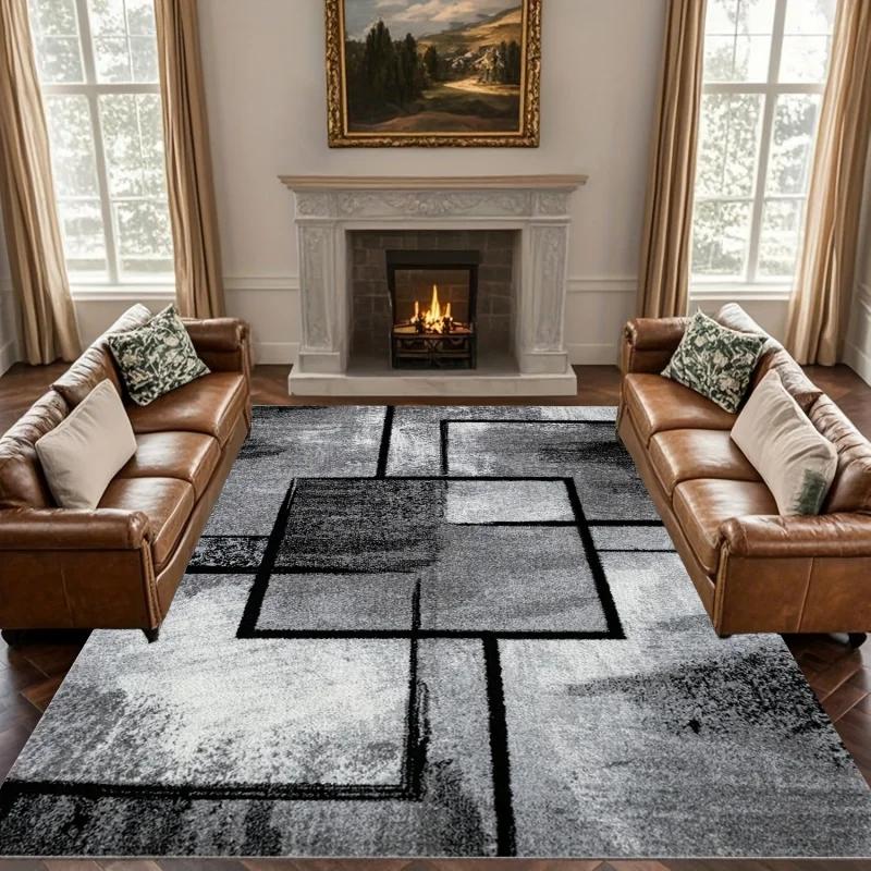 Modern Gray Black Geometric Square Area Rug Non-Slip Washable Soft Floor Carpet for Living Room Bedroom Home Decor
