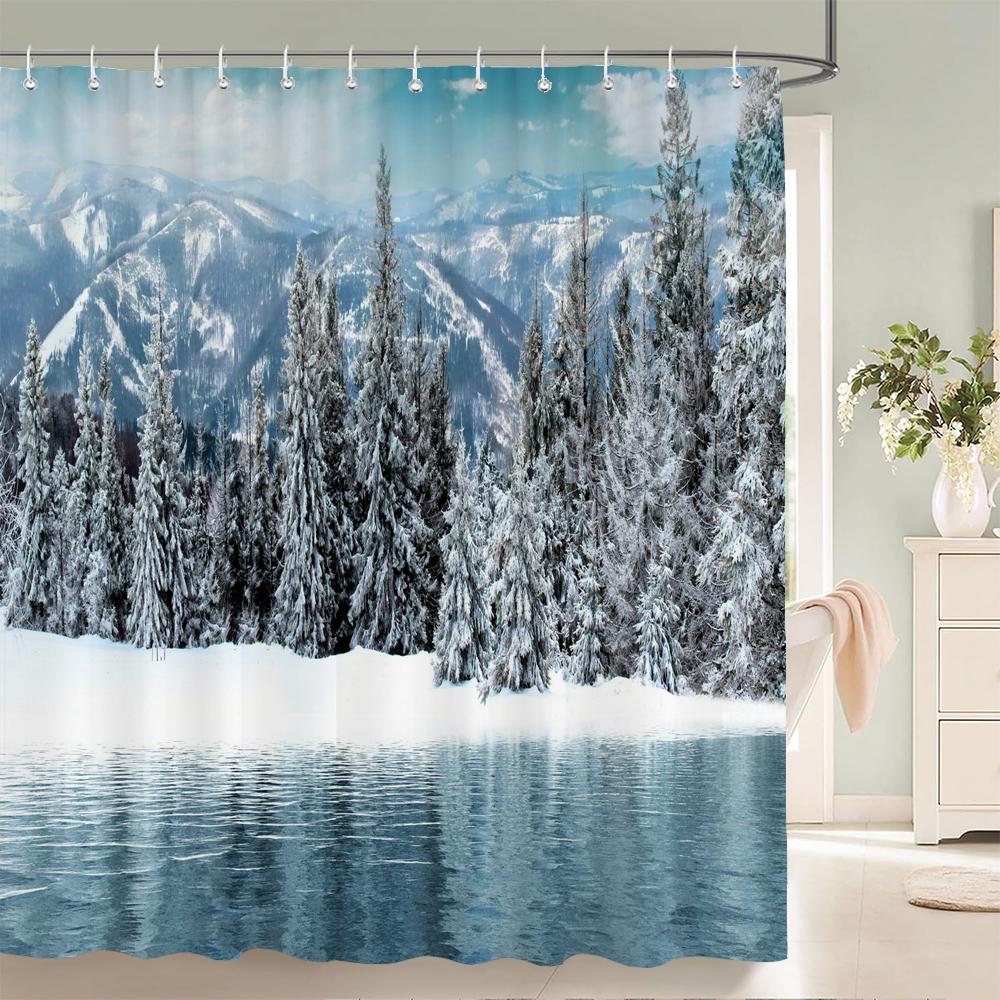 1 szt. Zimowy krajobraz Zasłona prysznicowa Scena śnieżna Drukowana Zasłona łazienkowa Tkanina poliestrowa Wodoodporna Zasłona do dekoracji domu