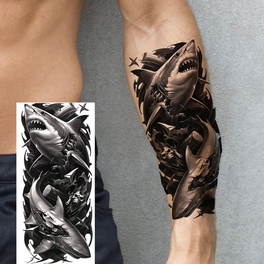 1 Sheet 3D Pirate Ship Compass Shark Temporary Tattoos For Men Women Adults, Waterproof Long Lasting Temp Fake Tattoo Stickers