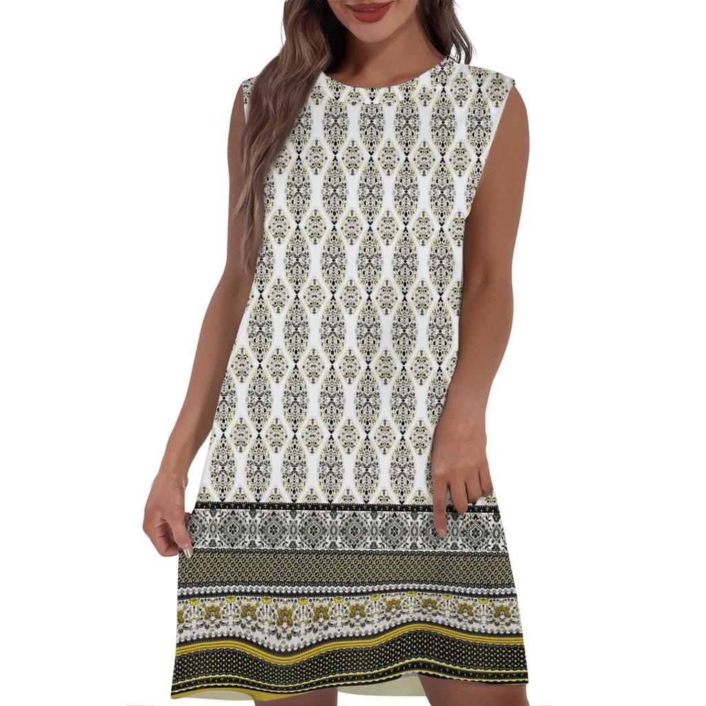 Women's Casual And Fashionable Round-neck Sleeveless Printing Mid Length Dress
