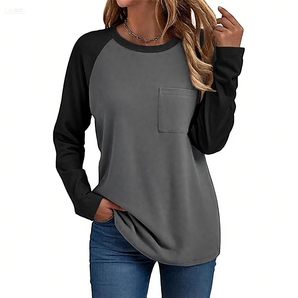 Damen T-Shirt Einfarbig Rundhalsausschnitt Tasche Langarm Oberteil