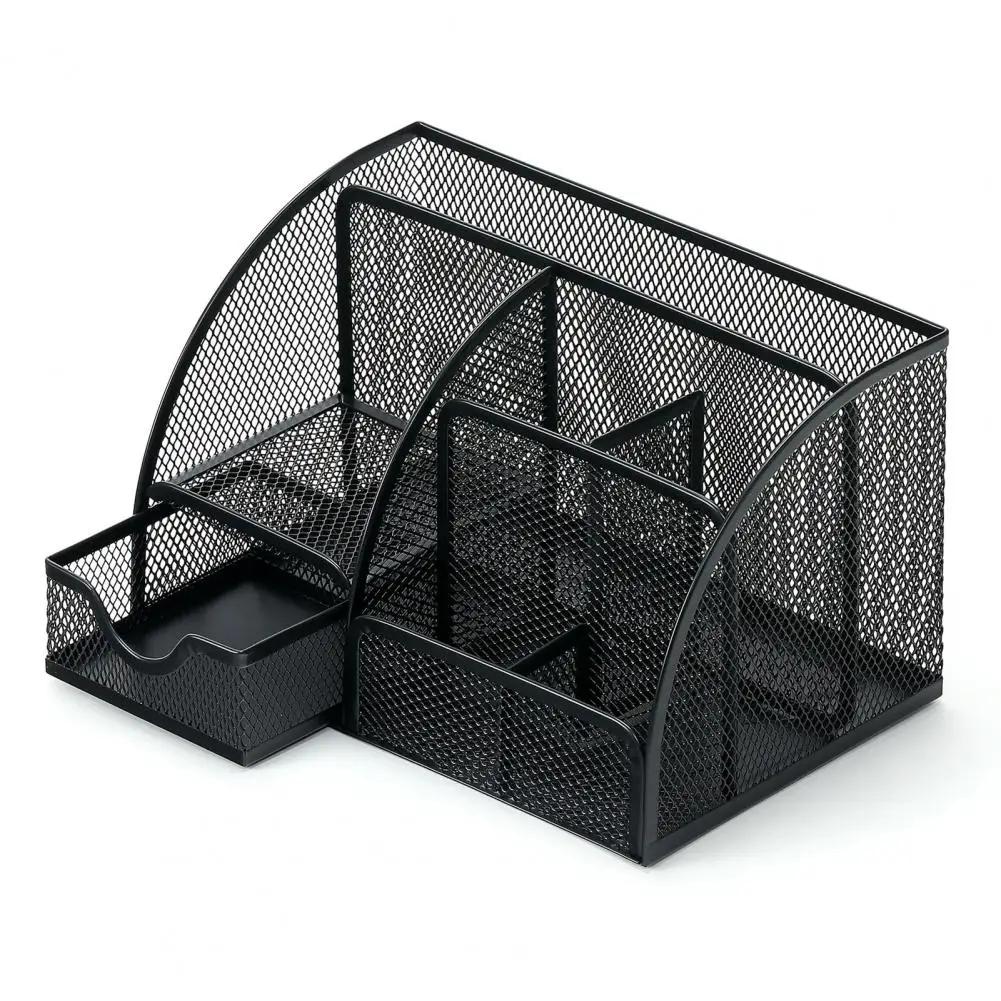 Office Desktop Storage Box Desktop Pen Holder Metal Pen Holder with Multiple Compartments Metal Mesh Square Divided Container