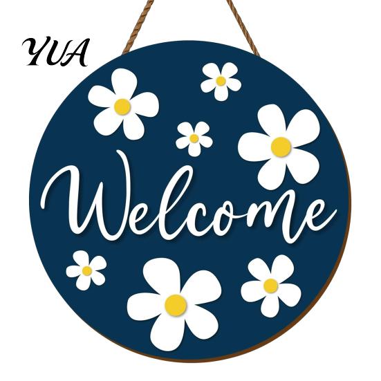 Wall Hanging Ornament for Living Room Wooden Daisy Welcome Sign Front Door, Rustic Farmhouse Decor Floral Art with Hemp Rope, Wood Plaque Home