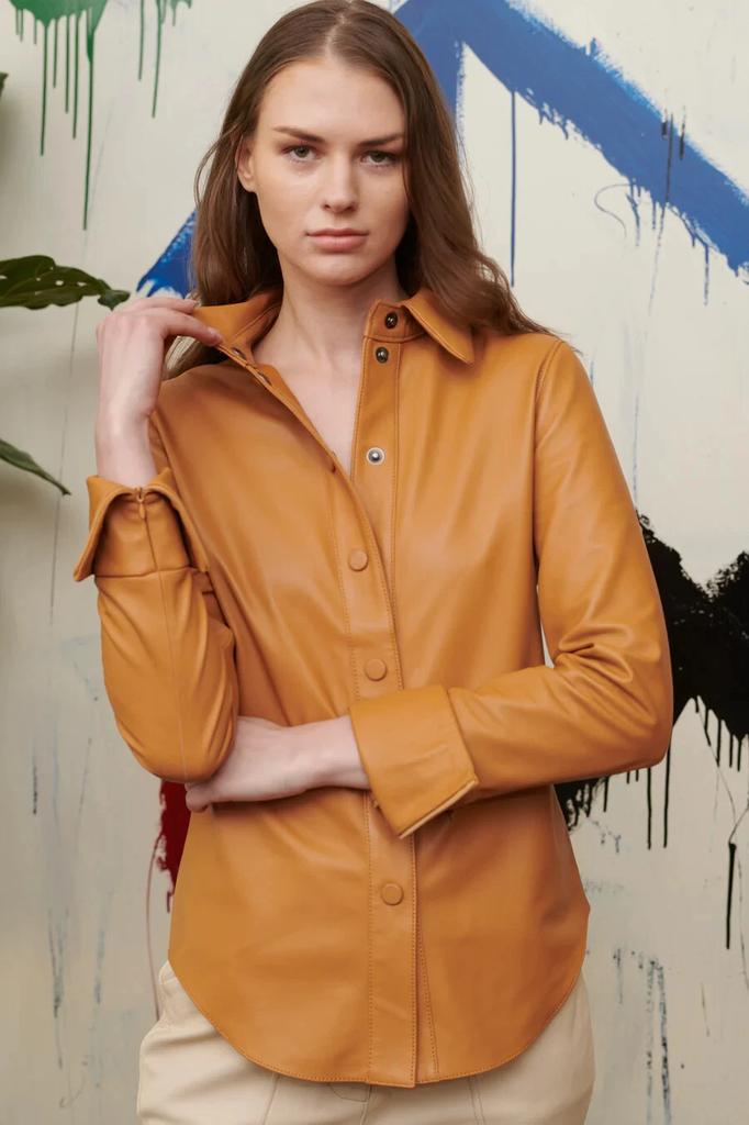 Tan Stylish Lambskin Women's Handmade Leather Shirt Genuine Soft Casual Formal