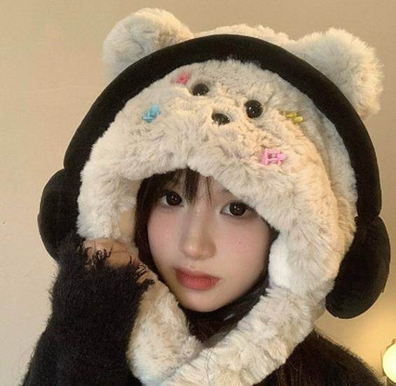 

Женская милая шапка-наушники с медвежьими ушками и шарфом - плюшевый, толстый и теплый пуловер для осени и зимы.