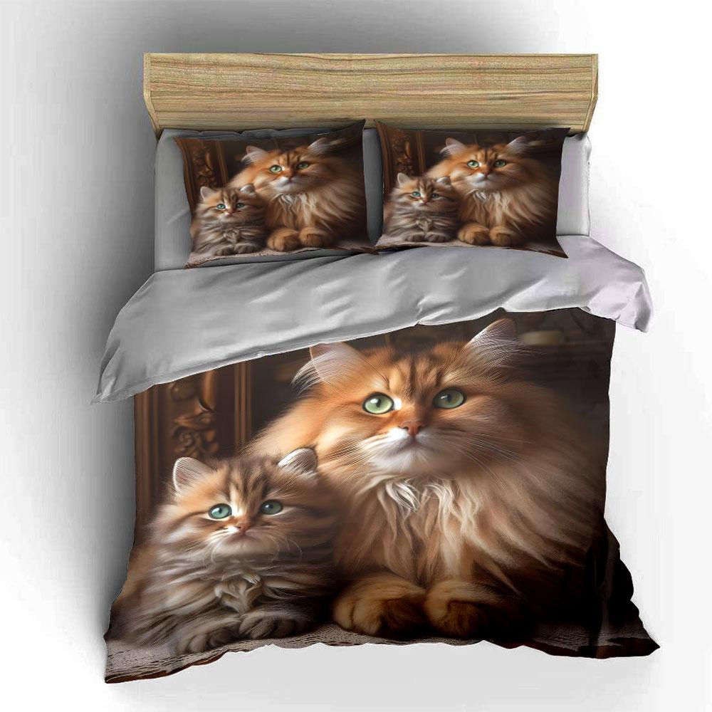Fluffy Cats Close Together Bedding Set For Kids Luxury Gift 3Pcs Digital Print Comforter Set Soft Comfortable Breathable