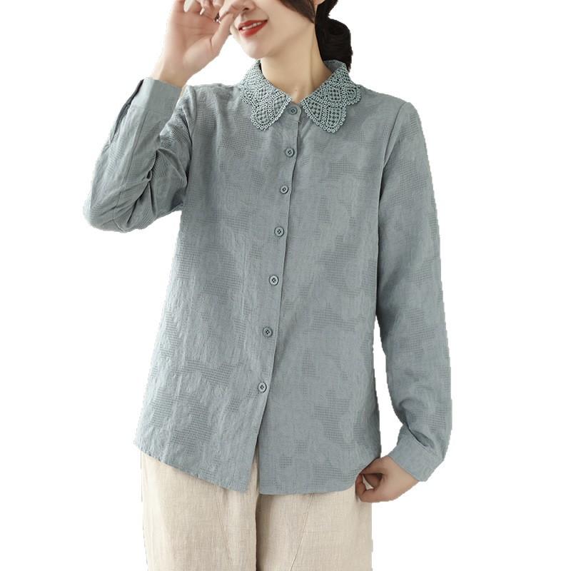 1116 New Jacquard Embroidered Cotton Shirt Women's Foreign Style Cotton Women's Shirt Lace Collar