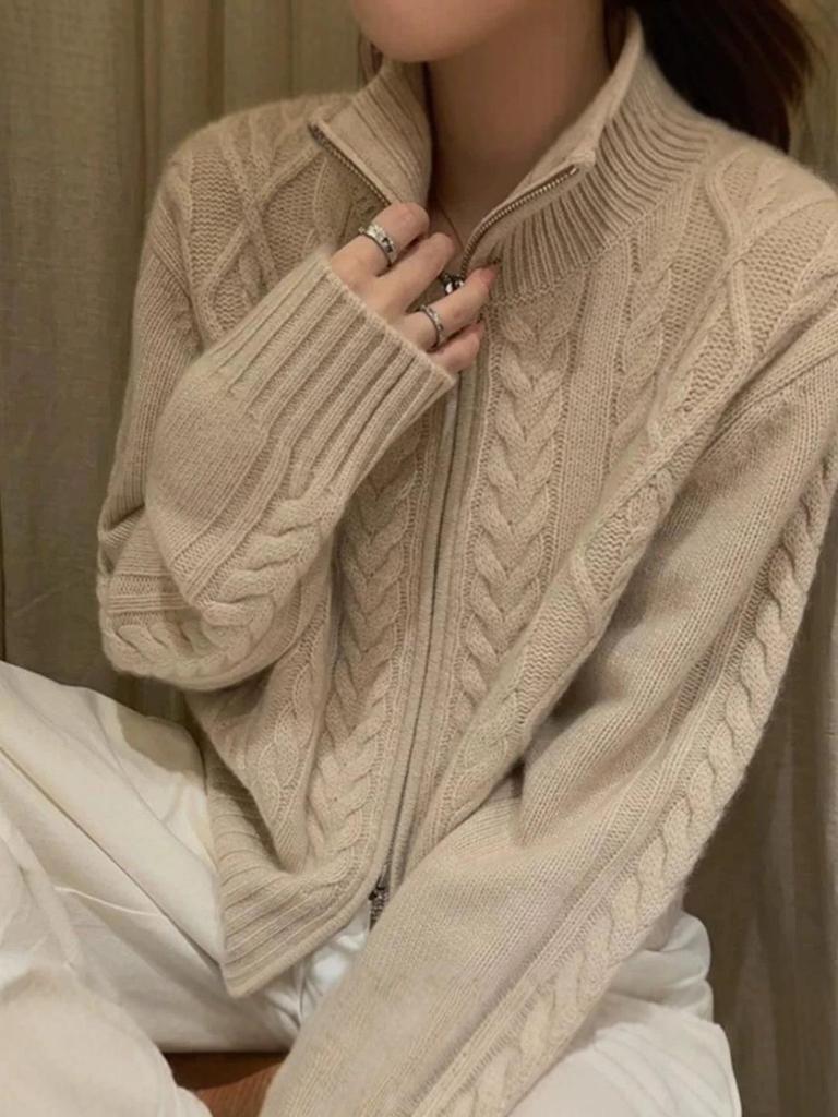 Women's High-neck Loose Knit Cardigan Sweater with Double Zipper – Three-Strand Thickened for Autumn & Winter