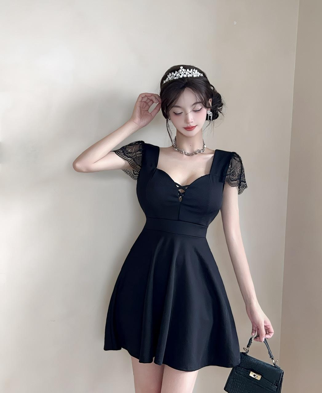 

Lace splicing sexy suspender dress women s summer slim waist skirt show figure A word short skirt S чёрный