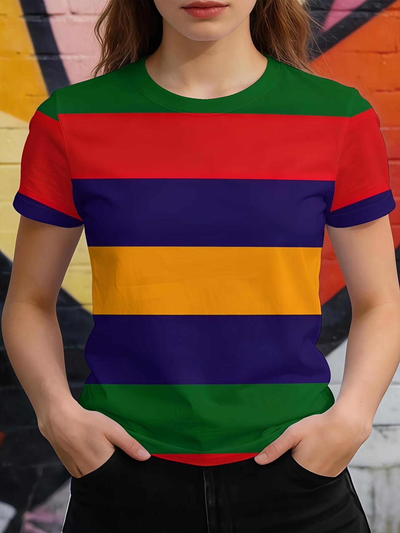 

[Printed Design - Not Textured]Rainbow Bands New SpringSummer Trendy Digital Print Casual Crew Neck T-Shirt Features a Fashionable Crew Neck And Shor S дубильная кора