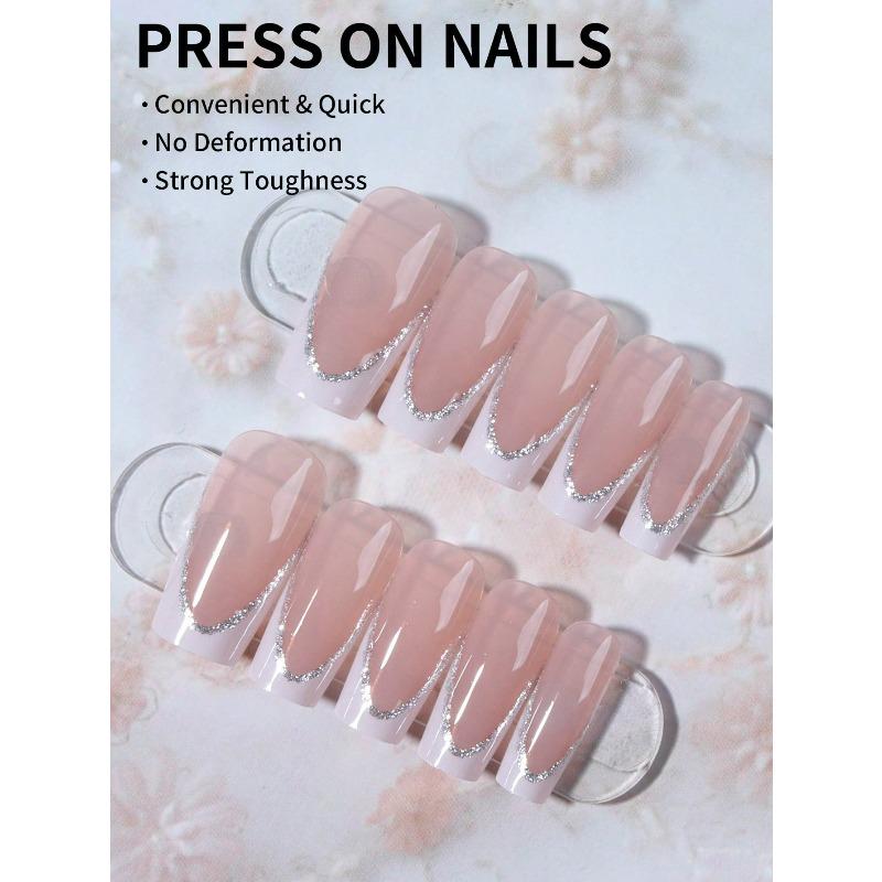 24pcs Long Coffin-Shaped White French Manicure Fake Nails Press On Nails Elegant Style For Women Girls For Daily Wear Or Parties Nail Supplies