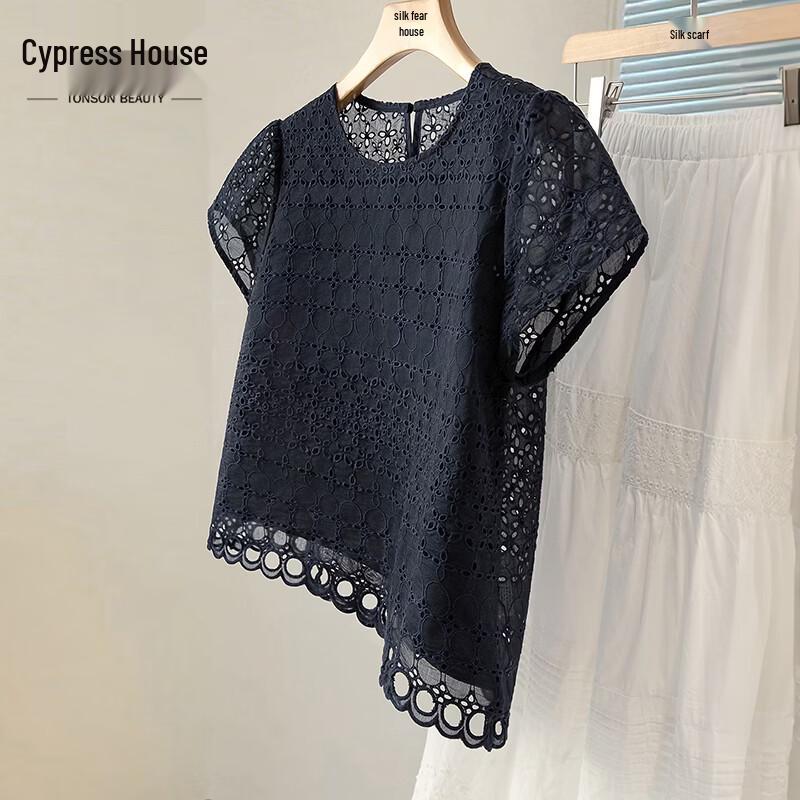 Silkbird Women s Solid Round Neck Hollow-Out Short Sleeve Blouse S