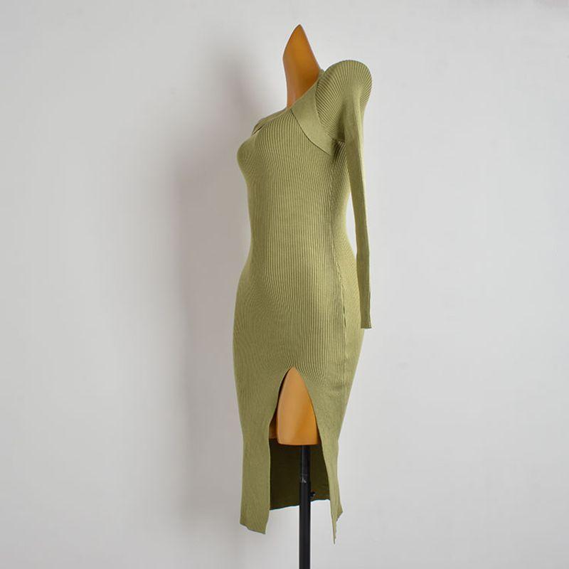 Export European and American Sexy Sexy Fashion Square Collar Long Sleeves Knitting Dress Silm Slimming Midi Dress Women's Clothing