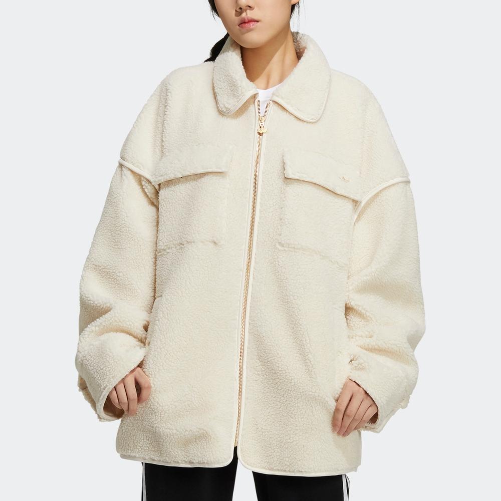 Adidas Originals Sherpa Solid Color Zip-Up Warm Faux Shearling Jacket Women jackets White HC6602