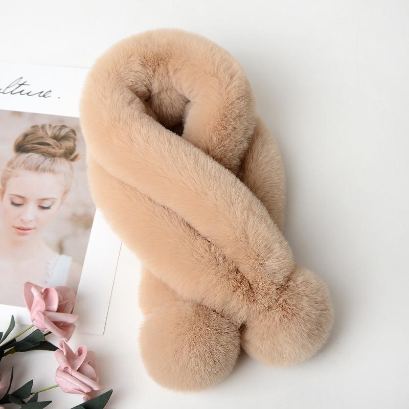 Dame Vinter Ensfarget Skjerf Myk Plysjball Dekor Fuskepels Tykke Skjerf Koselig Halsvarmer Kryss Vindtett Termisk Dame Halsvarmer