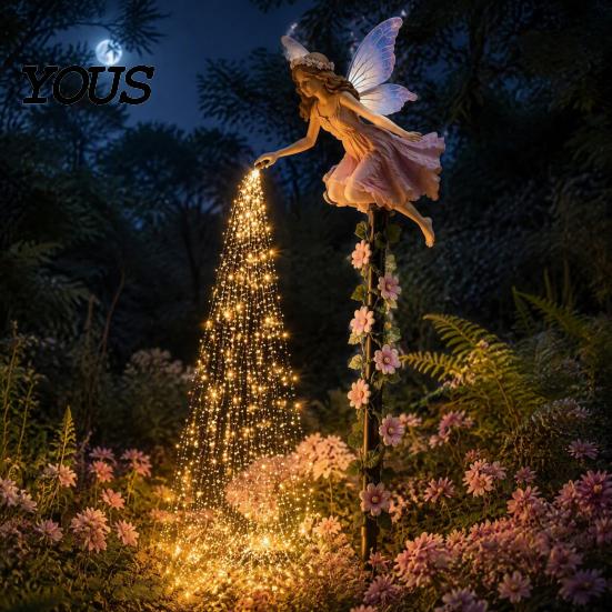 Whimsical Backyard Lighting Decor Fairy Sprinkling Magic Dust Solar Garden Light, Outdoor Front Yard Flower Bed Decorative Accents Statue