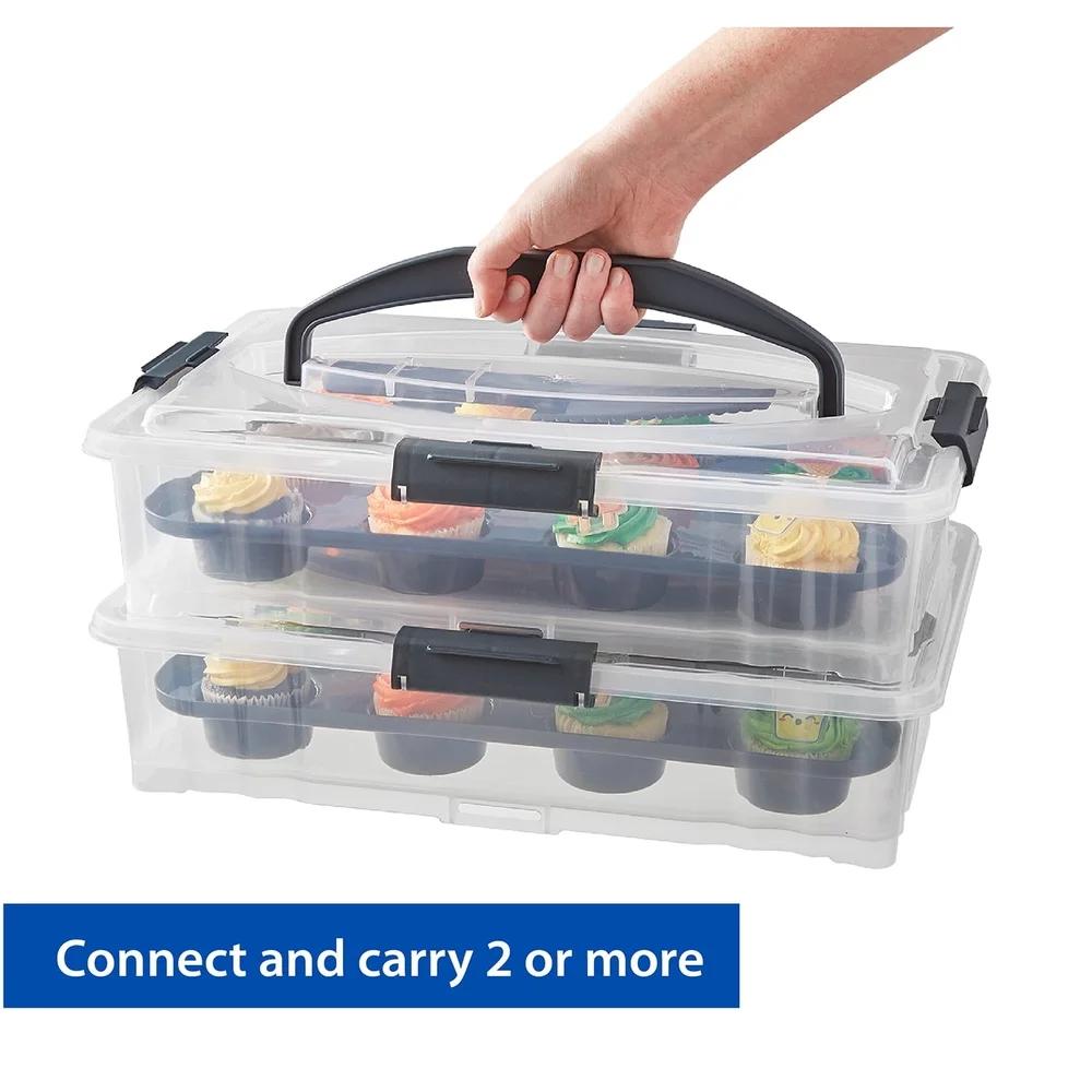 Rectangular Dessert Carrier Clear Plastic with Dark Gray Handle Secure Clasps Slice and Serve Utensil Stackable Food Storage