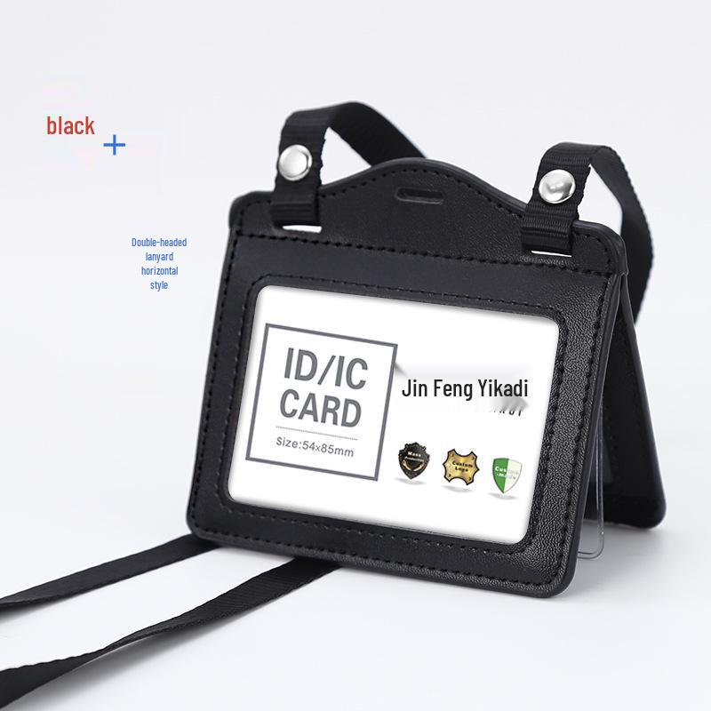 Genuine Leather Work ID Holder with Lanyard, Four Card Slots, Employee Badge Neck Strap.