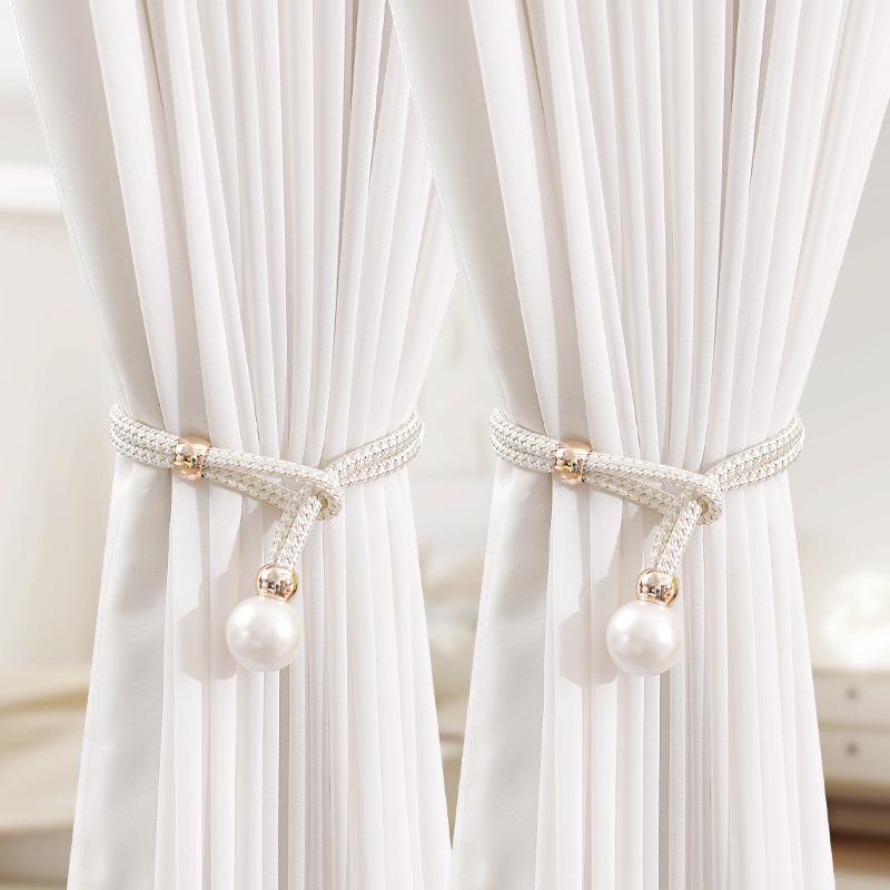 2Pcs Pearl Curtain Tiebacks, Curtain Pearl Tiebacks, Decorative Fixings, Rope Curtain Tiebacks No Punch Adjustable Pull-Outs