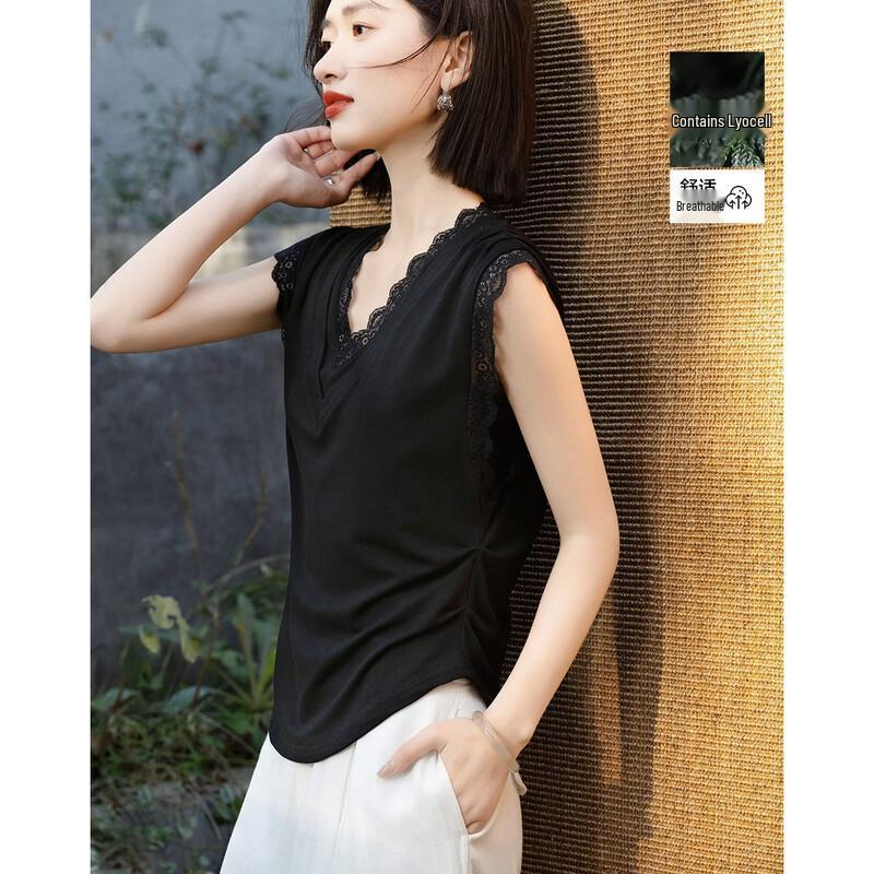 Demana Lyocell Blend Summer Lace V-Neck Sleeveless T-Shirt L