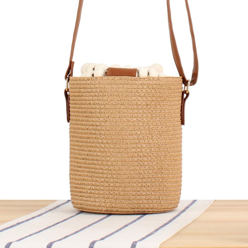 2025 Women Fashion Leisure Handmade Woven Handbags Wooden Beads Handle Bucket Bag Lady Trendy Shoulder Beach Bags