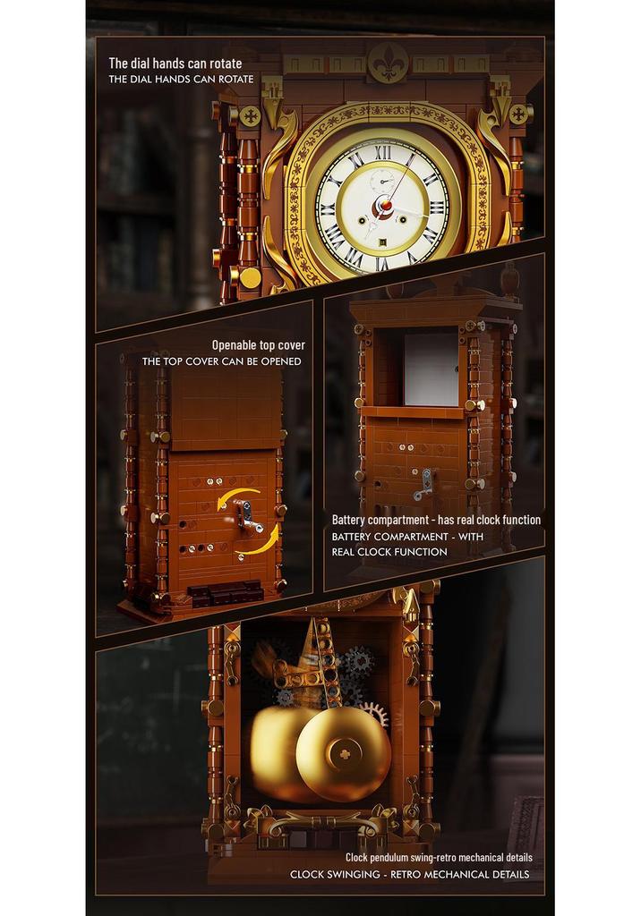 High-Density Retro Pendulum Clock Compatible with LEGO Model Assembly, Nostalgic Gift for Men and Women