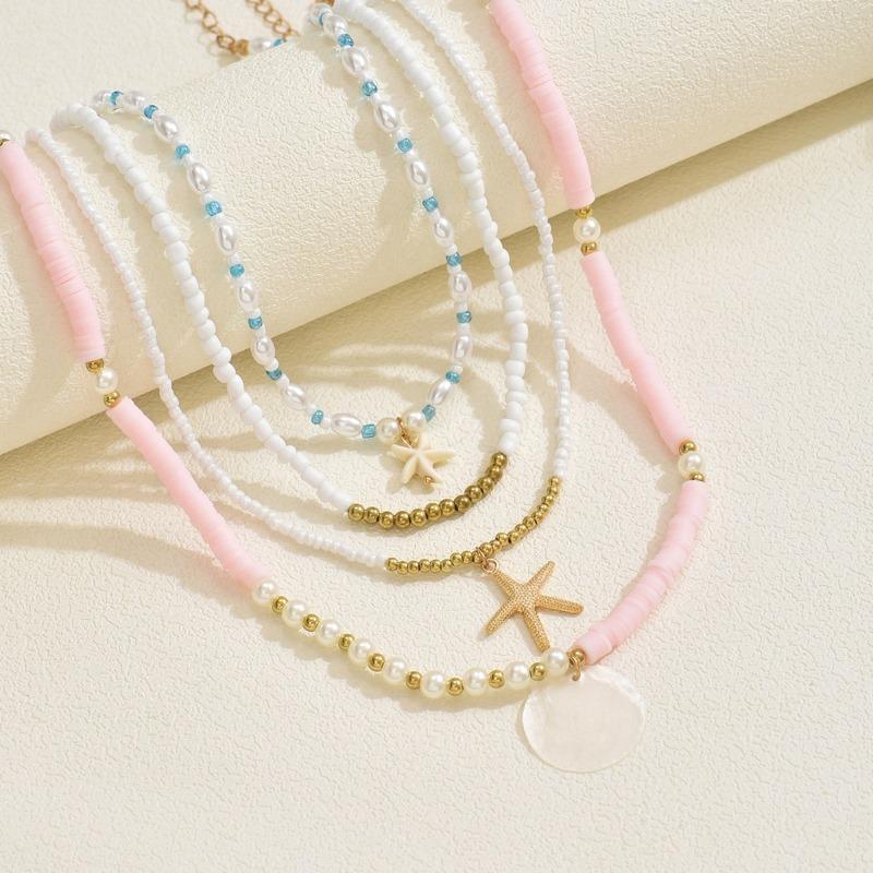Summer Bohemian Pink Soft Pottery Pearl Beaded Necklace Set Ocean Elements Starfish Stacked Necklace