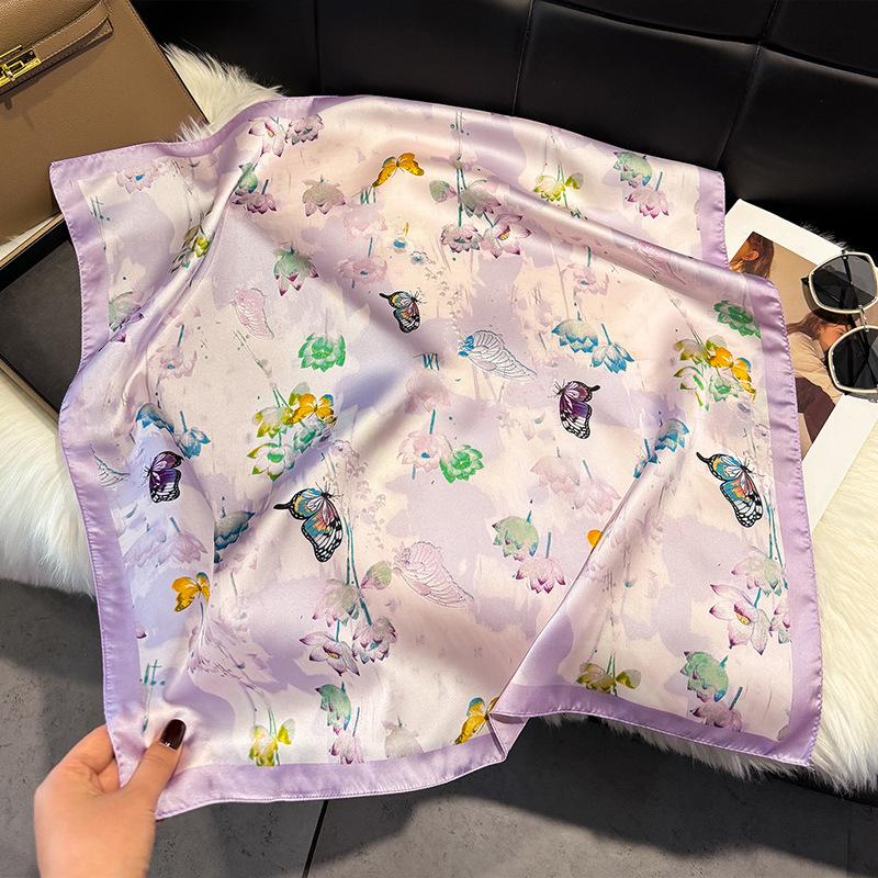 French Light Luxury Floral Small Square Scarf Simulation Silk Printing Silk Scarf Headscarf Women's Spring and Summer Scarf Temperament Scarf Scarf N