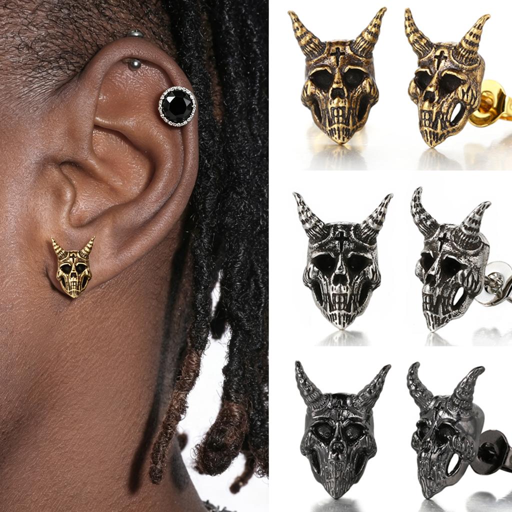 Gothic Punk Skull Stud Earrings For Men Women Nordic Retro Demon Satan Ram Skeleton Retro Viking Earrings Jewelry Gifts OHE186