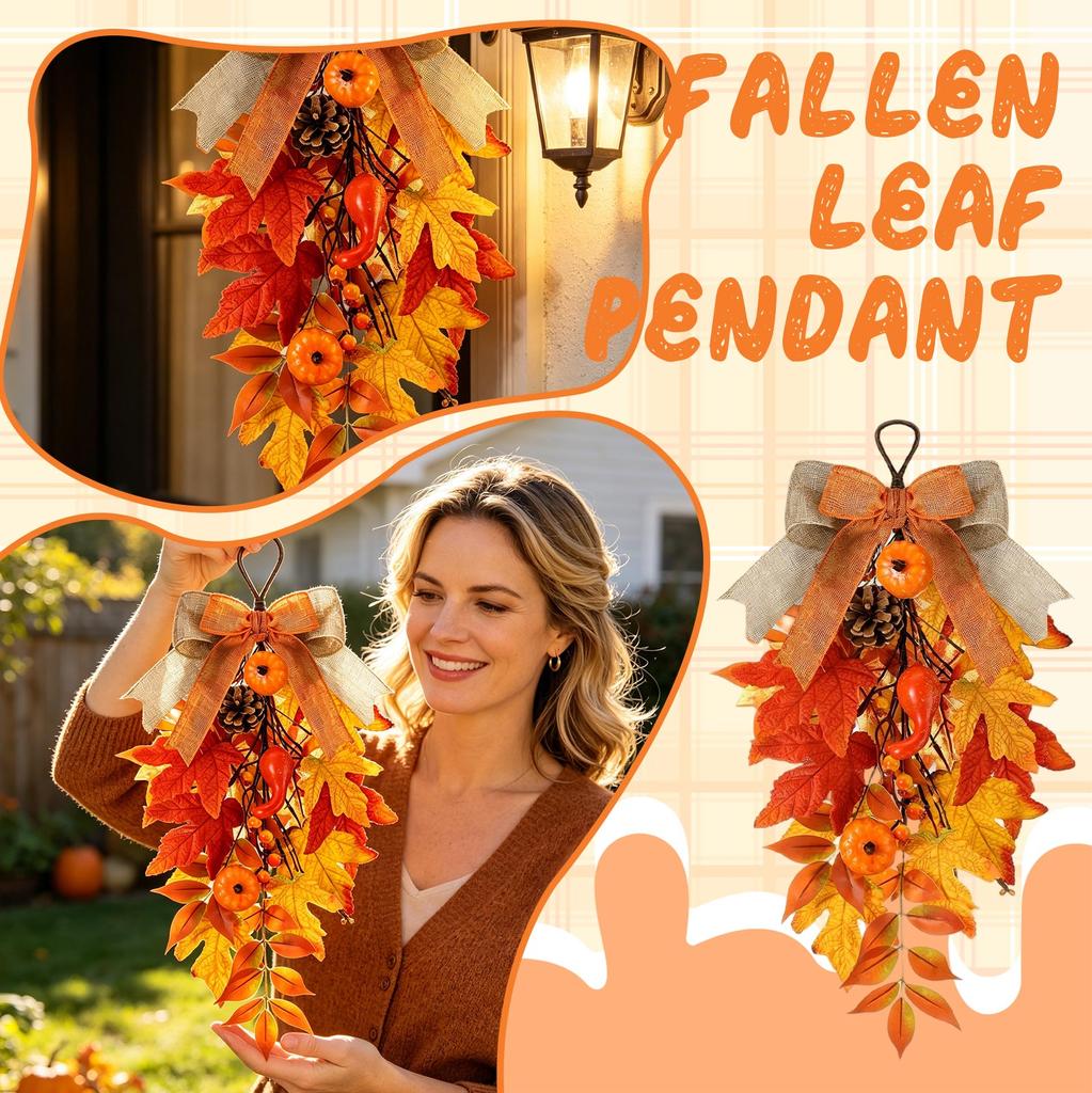 Artificial Maple Leaf Swag with Pumpkins Pinecones Berries and Bow for Autumn Harvest Thanksgiving Home Wall Door Hanging Decoration