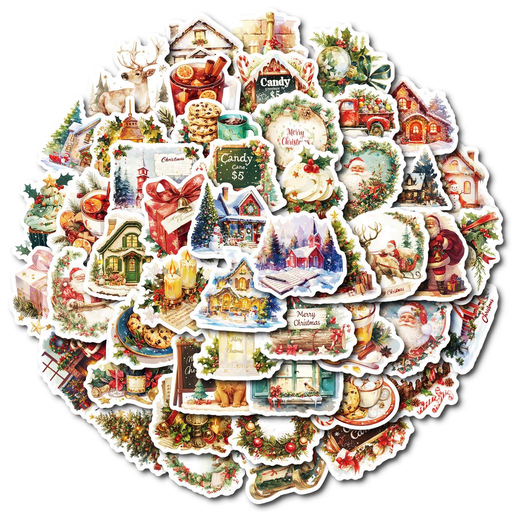 50 PCS Vintage Christmas Stickers - Cozy Holiday Decals for Journals, Luggage, Gifts
