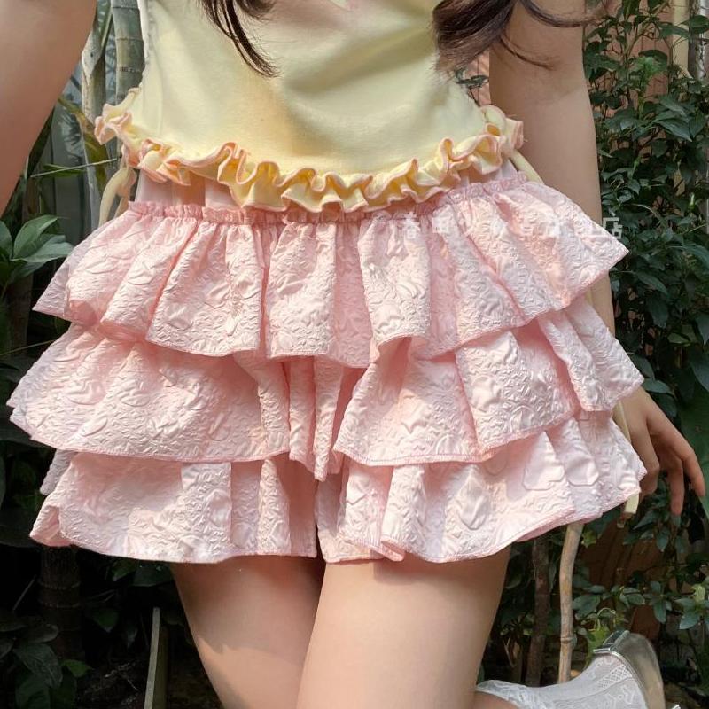 Kawaii Lolita Rok Shorts Vrouwen Zomer Ruches Patchwork Gelaagd Hoge Taille Schattig Balletcore Minirok Tutu Onderrok