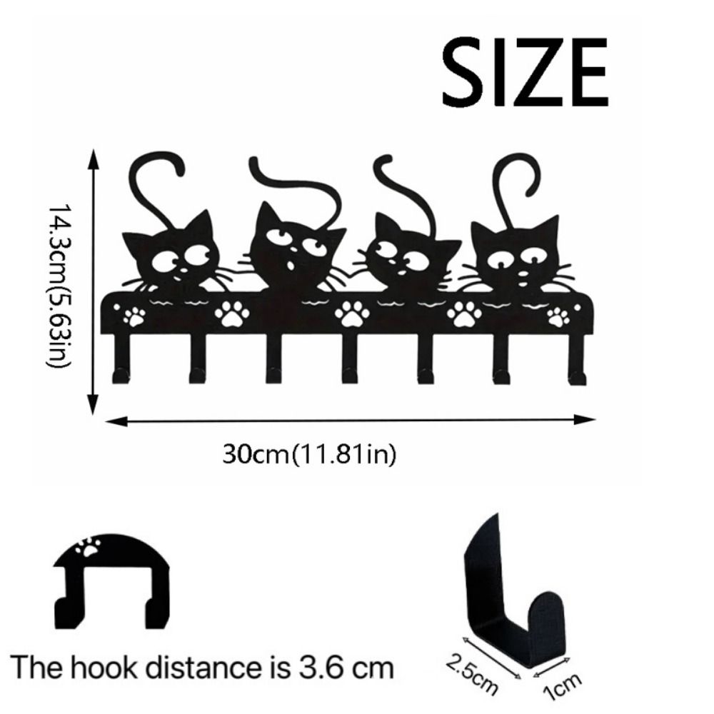 Stylish Nordic Black Cat Wall Hook Black Iron Cartoon Cat Coat Hook 7 Hooks Wall Hanging Clothes Storage Rack Hallway