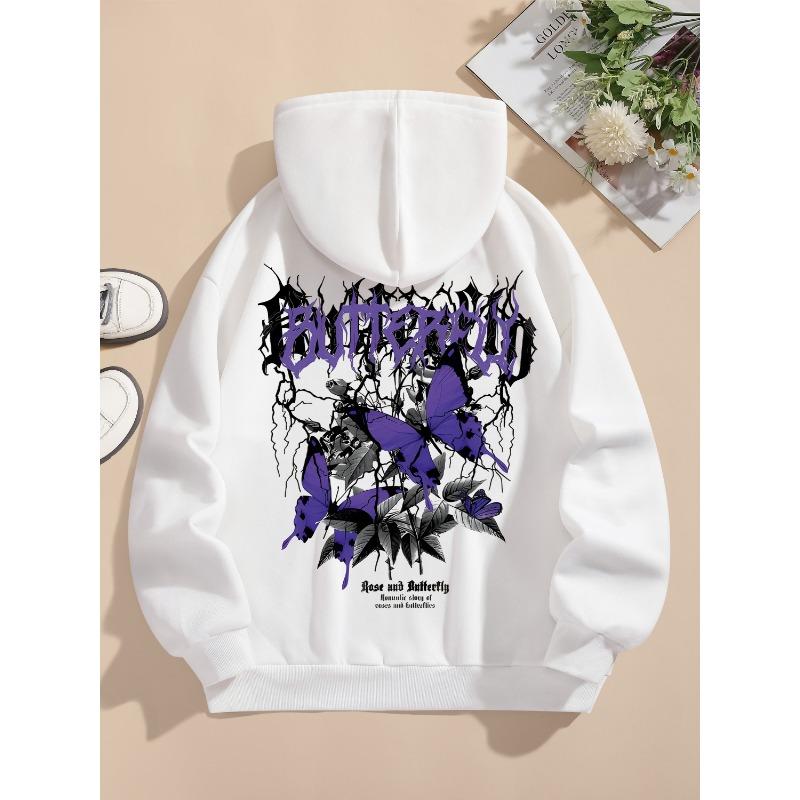 

Autumn and Winter New Style, Men s White Hoodie with rose and Butterfly Gothic Print, Street Style Pullover, Urban Fashion S белый