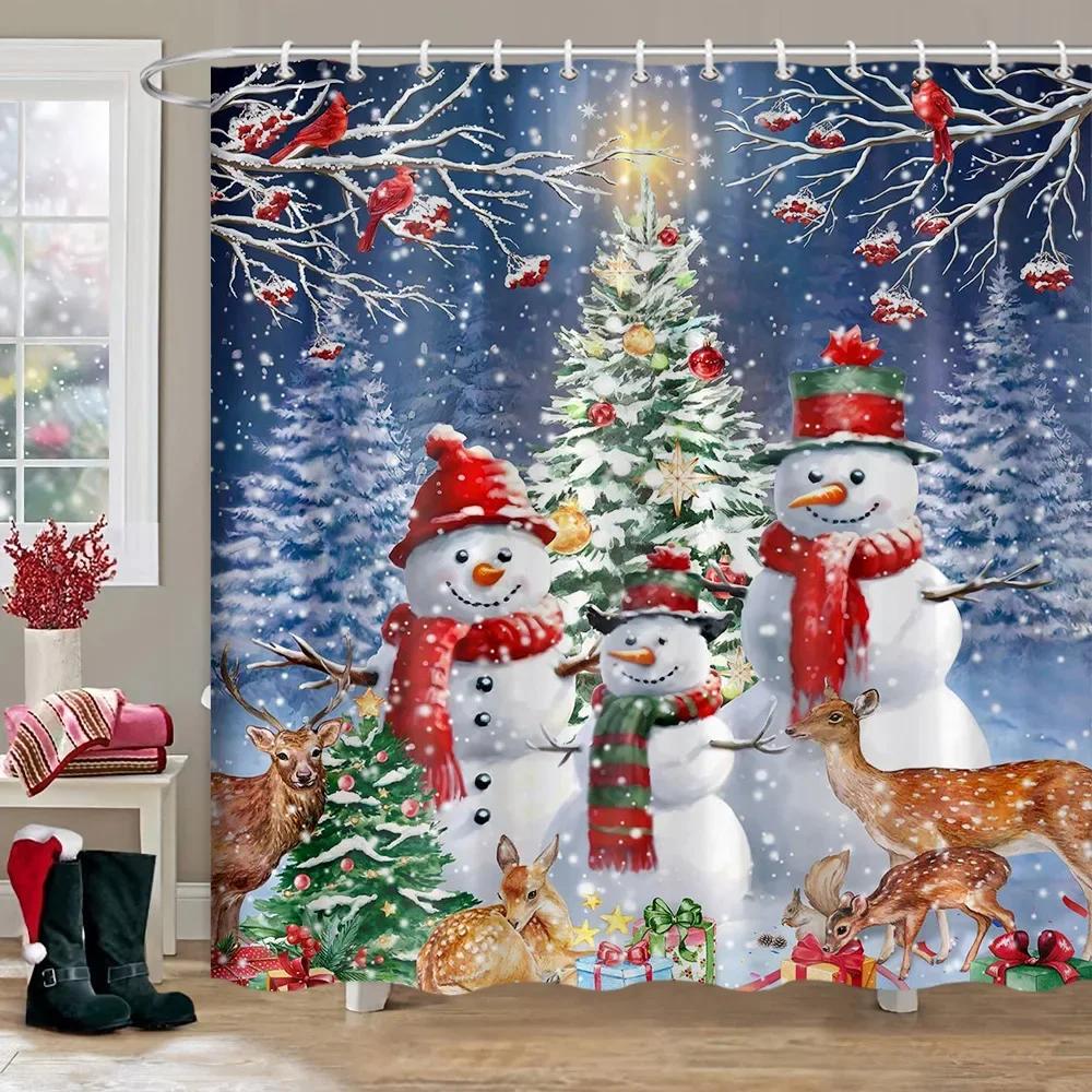 Merry Christmas Bathroom Curtains Snowman Christmas Tree Gift Red Truck Polyester Fabric Washable Shower Curtain Bathroom Decor